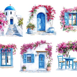 May include: Watercolor illustrations of Greek architecture with white buildings, blue doors and windows, and vibrant pink bougainvillea flowers. Includes a church, doorways, windows, and a cafe table setting.