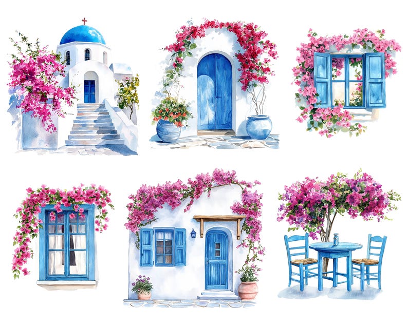 May include: Watercolor illustrations of Greek architecture with white buildings, blue doors and windows, and vibrant pink bougainvillea flowers. Includes a church, doorways, windows, and a cafe table setting.