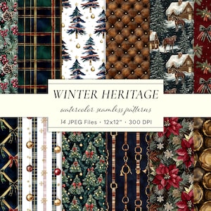 May include: A collection of watercolor seamless patterns with a winter theme. The patterns include pine cones, plaid, Christmas trees, leather textures, winter scenes, bows, and poinsettias. The text reads "Winter Heritage" and "14 JPEG Files - 12x12" - 300 DPI".