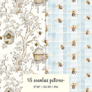 Puede incluir: Dos patrones sin costuras. Uno presenta un fondo crema con un &aacute;rbol, casas para p&aacute;jaros y abejas. El otro tiene un fondo azul a cuadros con abejas. Se muestra el texto "18 patrones sin costuras".