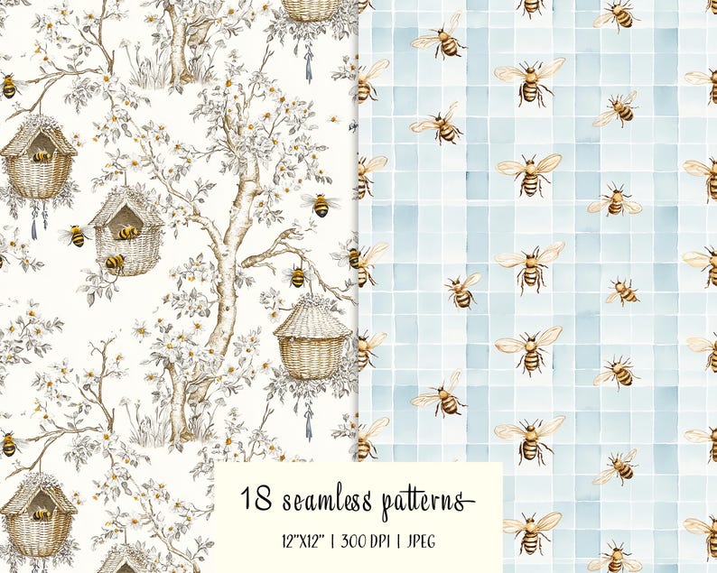 Puede incluir: Dos patrones sin costuras. Uno presenta un fondo crema con un &aacute;rbol, casas para p&aacute;jaros y abejas. El otro tiene un fondo azul a cuadros con abejas. Se muestra el texto "18 patrones sin costuras".