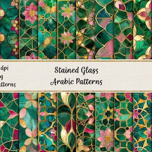 May include: 30 digital paper patterns featuring stained glass designs in shades of green, pink, and gold. The patterns are inspired by Arabic architecture and feature intricate geometric shapes.