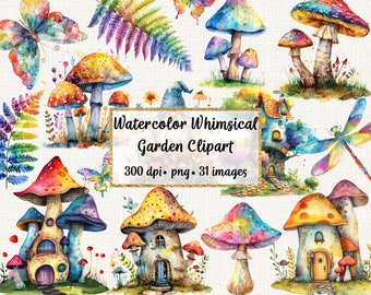Watercolor Whimsical Garden Clipart, Commercial use