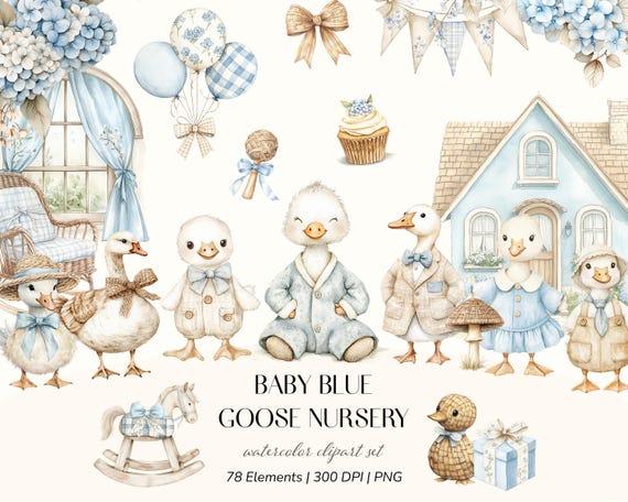 Watercolor Goose Nursery Clipart Set, Blue Baby Boy Animals PNG, Baby Shower elements