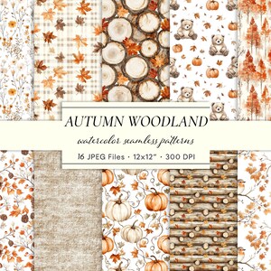 Può includere: Una collezione di motivi senza cuciture ad acquerello con tema bosco autunnale. I motivi presentano foglie, zucche, orsacchiotti e tronchi d'albero nei toni dell'arancione, del marrone e del beige. Il testo recita "Autumn Woodland" e "16 JPEG Files - 12x12 - 300 DPI."