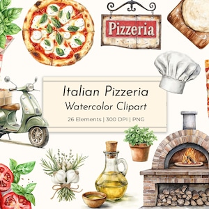 Rustikale Italienische Pizzeria Clipart - Aquarell Pizza, Scooter, Schilder, Essen & Küchen Deko - Street Style, Kommerzielle Nutzung PNG