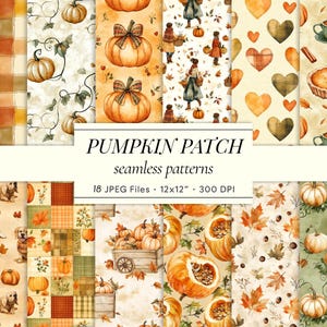 Puede incluir: Una colección de patrones sin costuras en acuarela con temática otoñal. Los patrones presentan calabazas, hojas de otoño, corazones y perros. El texto "PUMPKIN PATCH seamless patterns" se muestra en el centro.