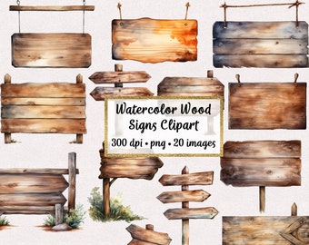 Watercolor Wood Signs Clipart, Printable Wood Signs Clip Art, Commercial use