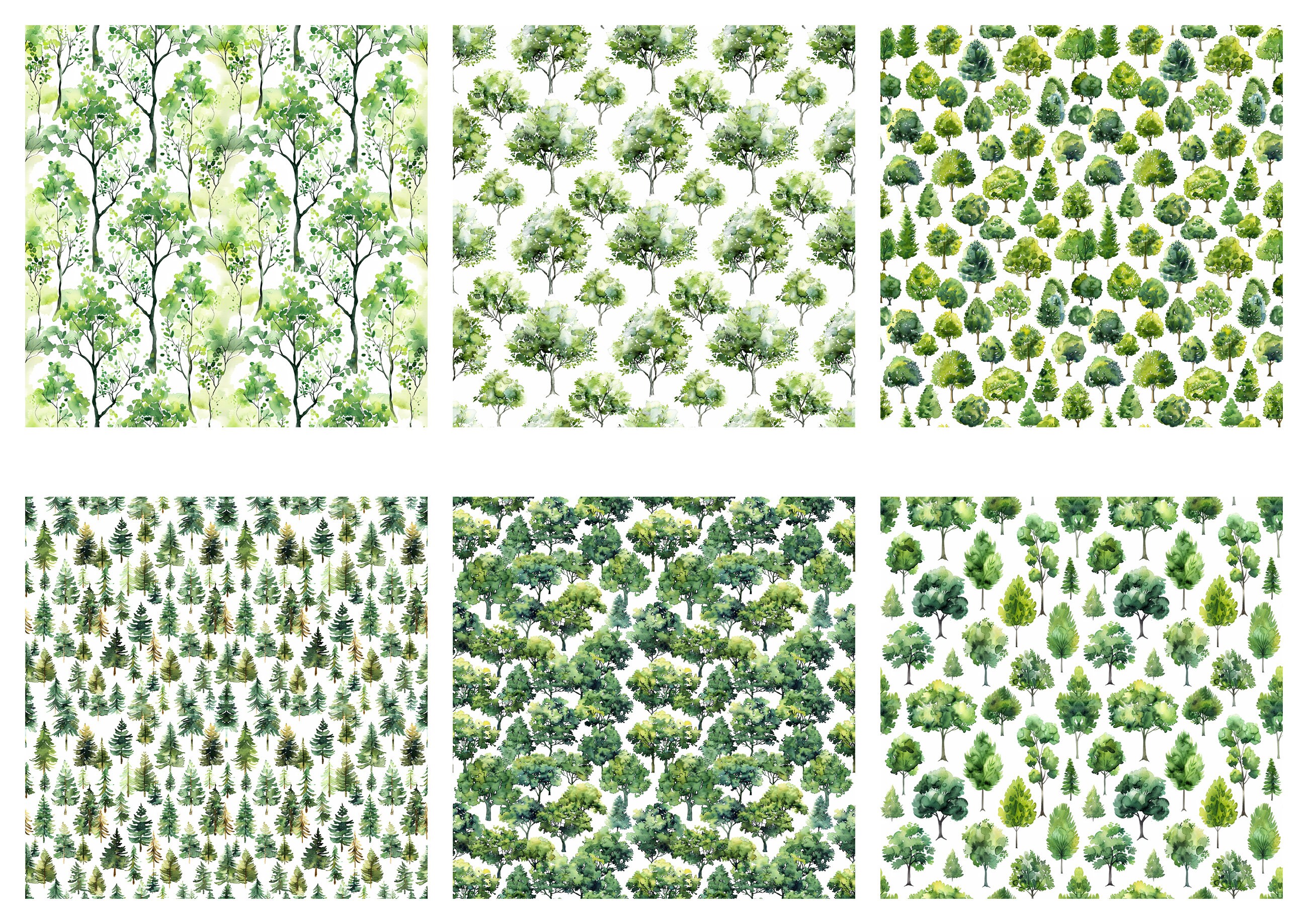 Watercolor Trees Seamless Patterns, Green Forest Digital Papers ...