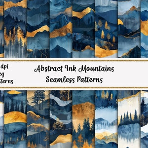Puede incluir: Una colección de 24 patrones sin costuras con diseños abstractos de montañas de tinta. Los patrones muestran una paleta de colores de azules profundos y oro, con ilustraciones de montañas y bosques. La imagen incluye el texto "Abstract Ink Mountains Seamless Patterns".