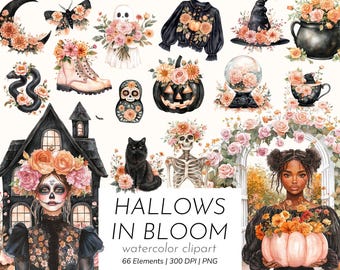 Floral Halloween Clipart Bundle: Pastel Watercolor PNG Graphics (Digital Download)