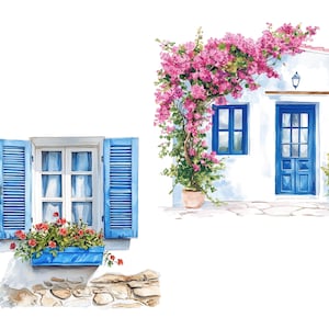 May include: Watercolor illustration of a white building with blue doors and windows, adorned with vibrant pink bougainvillea. A window with blue shutters and a flower box is also depicted, evoking a Mediterranean aesthetic.