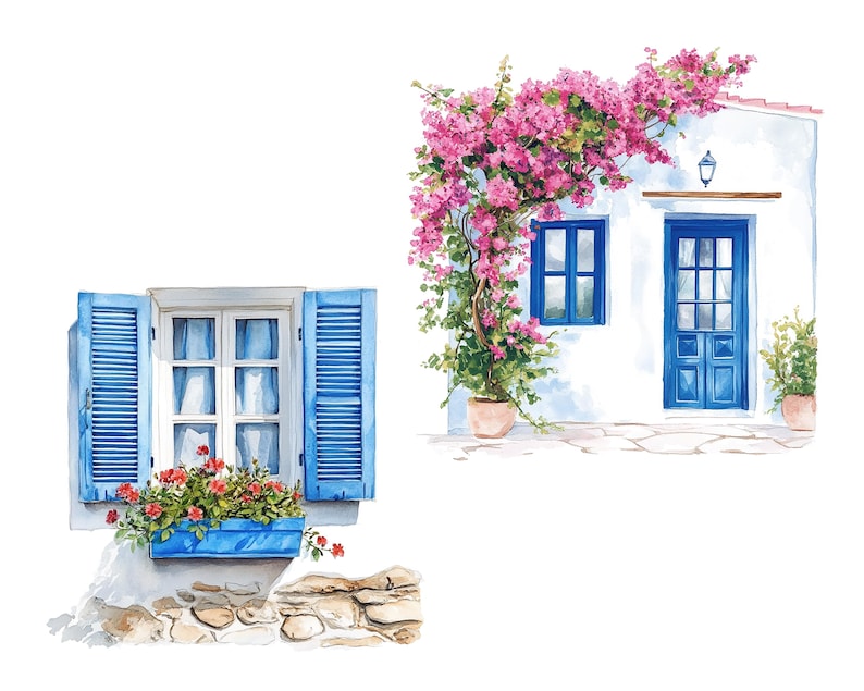 May include: Watercolor illustration of a white building with blue doors and windows, adorned with vibrant pink bougainvillea. A window with blue shutters and a flower box is also depicted, evoking a Mediterranean aesthetic.