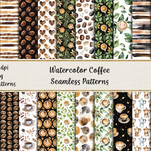 Patrones sin costuras de café con acuarela, papel para álbum de recortes imprimible, documentos digitales de descarga instantánea, uso comercial
