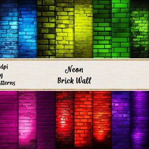 Könnte beinhalten: 20 digitale Muster von Ziegelwänden in verschiedenen Neonfarben, darunter Blau, Grün, Gelb, Rot, Pink und Lila. 300 dpi JPEG-Dateien. Neon-Ziegelwand.