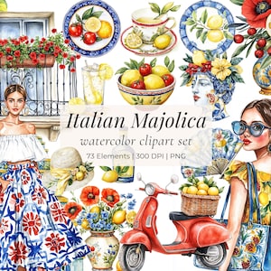 Maiolica italiana - Set di clipart ad acquerello / Limoni siciliani, piastrelle, Vespa, ragazze alla moda, ceramiche e fiori / PNG, uso commerciale