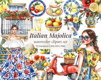 Italian Majolica Clipart Set: Sicilian Lemons, Tiles, Vespa (Commercial Use, PNG, Digital Download