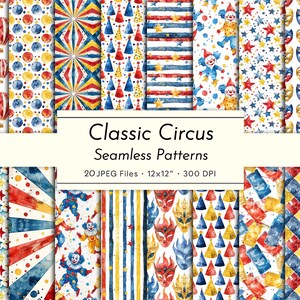 Circus aquarel naadloze patronen, rood, blauw, geel digitaal papier, afdrukbaar grillig circus, plakboekpapier, commercieel gebruik