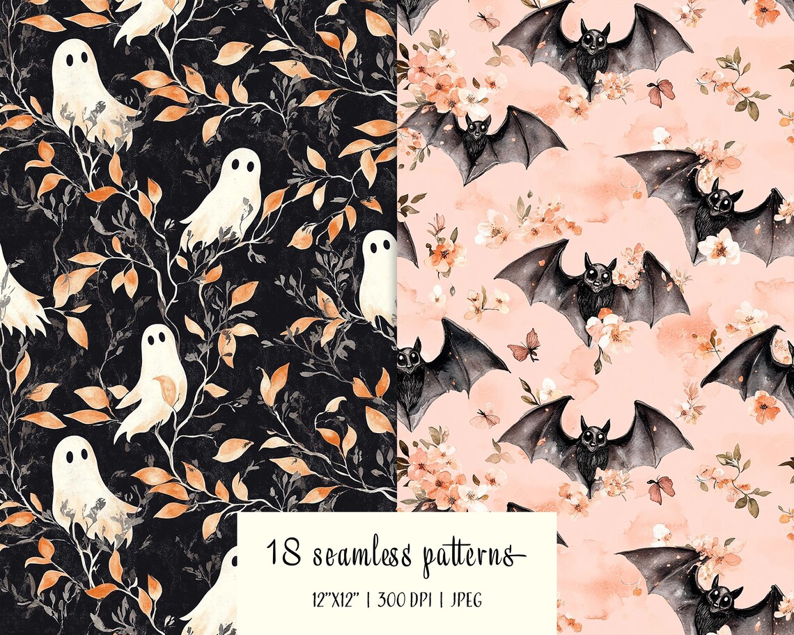 Floral Halloween Watercolor Patterns: Seamless Digital Paper (JPEG ...
