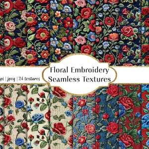 May include: A set of 24 digital seamless patterns featuring floral embroidery designs. The patterns are in various colors, including red, blue, and green, and feature a variety of floral motifs. The patterns are 300 dpi and are in JPEG format.
