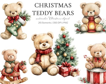 Watercolor Christmas Teddy Bear Clipart: Holiday PNG Illustrations (Digital Download)