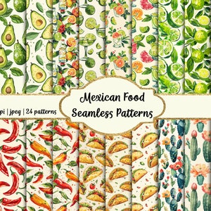 May include: 24 watercolor seamless patterns featuring Mexican food and cultural elements.  The patterns include avocados, limes, margaritas, chili peppers, tacos, and cacti.