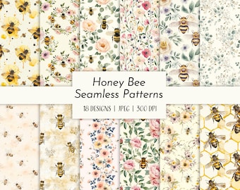 Watercolor Honey Bee Seamless Patterns: Spring Farmhouse Digital Paper (Digital Download)