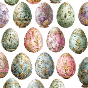 May include: A collection of intricately decorated Easter eggs with gold accents and floral patterns in shades of pink, blue, green, and purple.