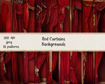Red Curtains Digital Papers, Theater Stage Backgrounds, Printable Scrapbook Paper, Commercial use