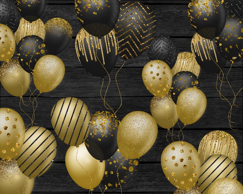 Black and Gold Balloons Clipart - Etsy