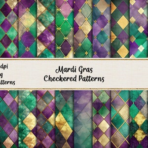 May include: 20 digital paper patterns featuring a checkered design in shades of green, purple, and gold. The patterns are perfect for Mardi Gras crafts and projects.