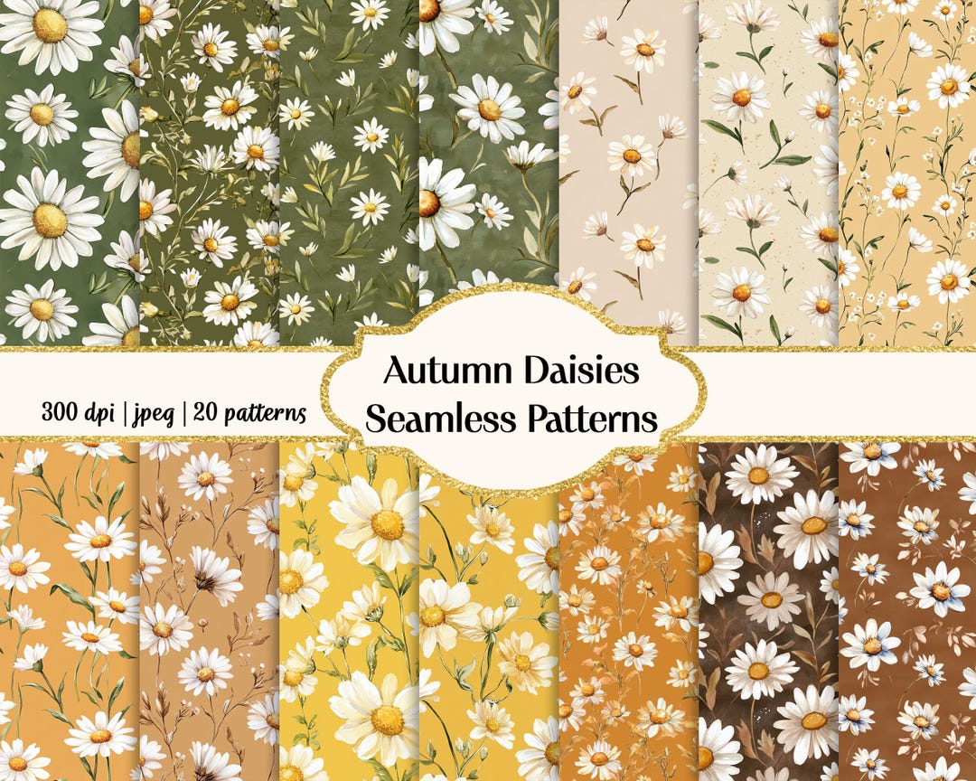 Watercolor Autumn Daisy Seamless Patterns: Boho Floral Digital Paper ...