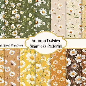 Watercolor Autumn Daisies Seamless Patterns – Fall Floral Digital Paper – Boho Backgrounds for Fabric & Scrapbooking, Commercial use
