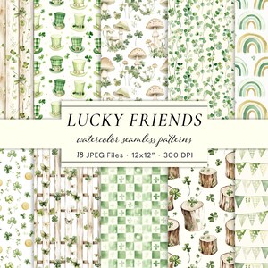 May include: A collection of watercolor seamless patterns with St. Patrick's Day themes. The patterns include shamrocks, leprechaun hats, rainbows, and mushrooms. The text "LUCKY FRIENDS" is displayed, along with details about the files.