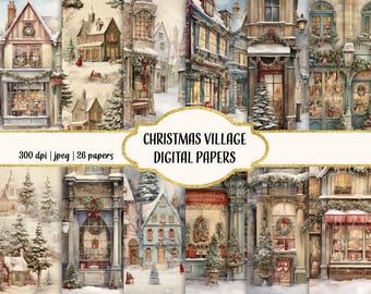 Christmas Village Digital Paper: Vintage Christmas Shops (12x12 inches)