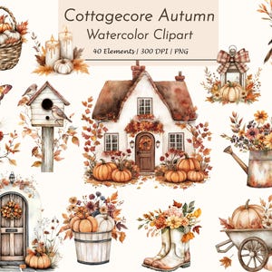Ensemble de cliparts d'automne Cottagecore – Illustrations d'automne à l'aquarelle | Citrouille confortable, ferme, animaux, fleurs, jardin, scènes d'automne PNG