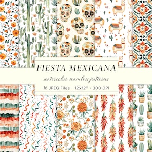 May include: A collection of watercolor seamless patterns with a Mexican fiesta theme. The patterns include floral designs, cacti, sugar skulls, llamas, and geometric tiles. The image includes the text "FIESTA MEXICANA" and details about the files.