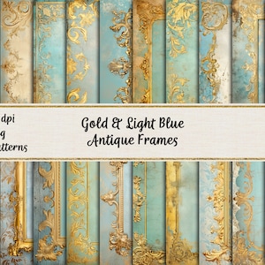 Goud en blauw barokke lijsten, antieke lijsten achtergronden, plakboekpapier, afdrukbare vintage lijsten, digitaal papier, commercieel gebruik