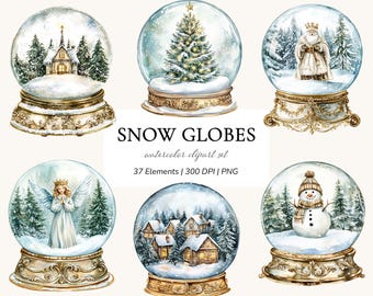 Snöglober Akvarell Clipart – Vinterjul PNG, Digital Nedladdning