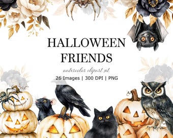 Aquarell Halloween Freunde Clipart | Halloween Tiere, Kürbis, Herbstblumen | Gruseliges Herbst PNG Set