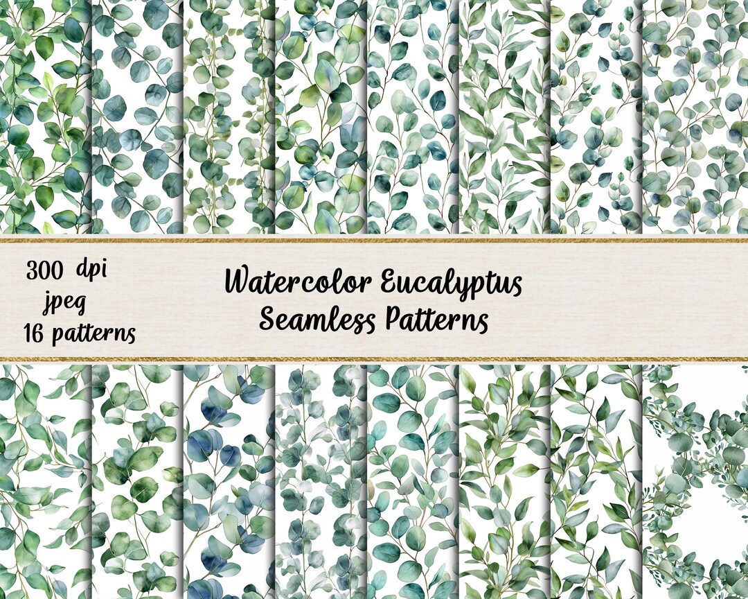 Watercolor Eucalyptus Leaves Seamless Patterns, Commercial Use Digital ...