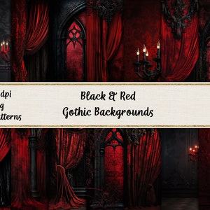 May include: 27 digital backgrounds in a gothic style. The backgrounds feature red velvet curtains, black stone walls, and ornate windows. The text "Black & Red Gothic Backgrounds" is displayed in the centre of the image.