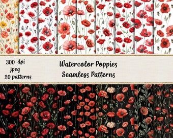 Watercolor Poppies Seamless Patterns