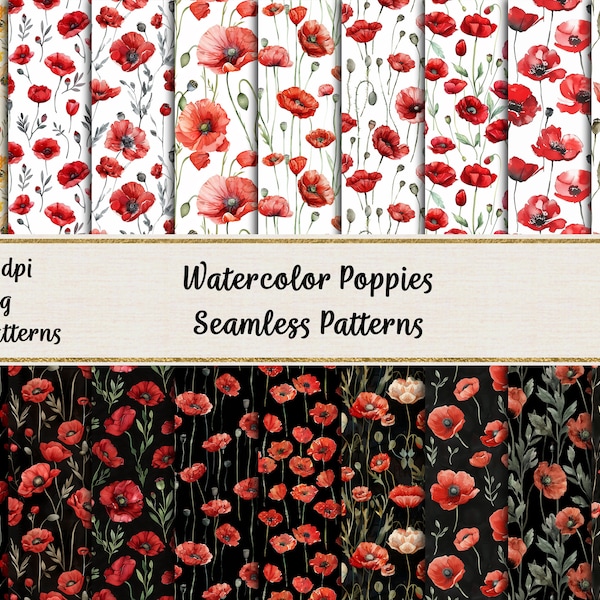 Watercolor Poppies Seamless Patterns