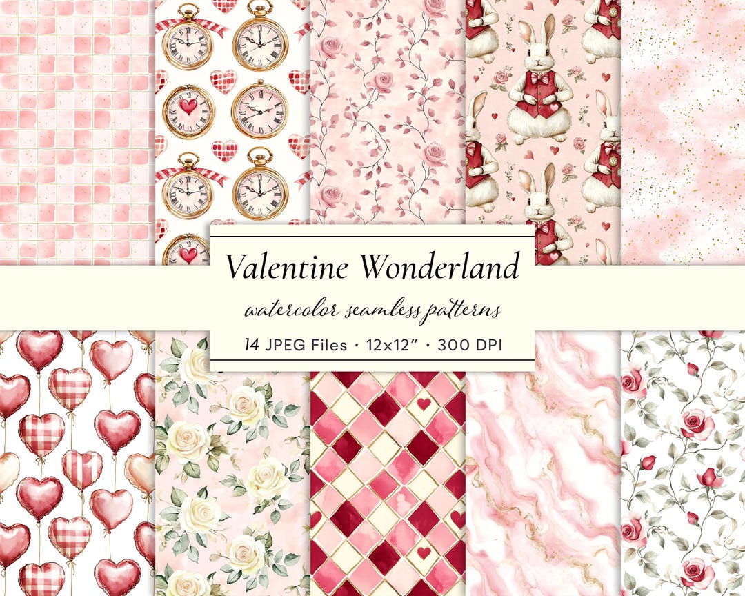 Valentine Wonderland Seamless Patterns | Pink & Red Watercolor ...