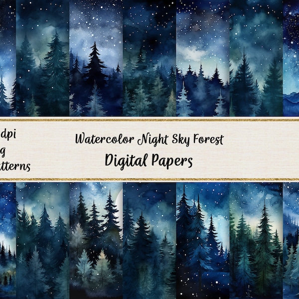 Watercolor Night Sky Forest Digital Papers