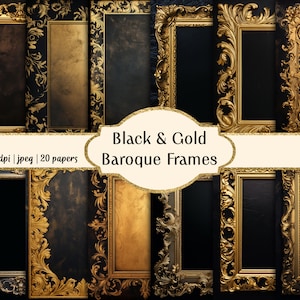Puede incluir: Un conjunto de 20 papeles digitales con marcos barrocos negros y dorados. Los marcos son ornamentados y tienen un toque vintage. Los papeles son de 300 dpi y son perfectos para agregar un toque de elegancia a tus diseños.