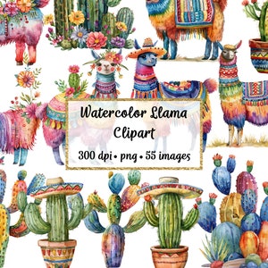 Acuarela Mexicana Llama y Cactus Clipart, Uso comercial