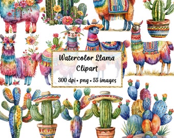Könnte beinhalten: Aquarell-Clipart mit bunten Lamas, die traditionelle Kleidung tragen, und Kakteen mit bunten Blumen. Der Text "Watercolor Llama Clipart 300 dpi . png . 55 images" wird auf goldenem Hintergrund angezeigt.