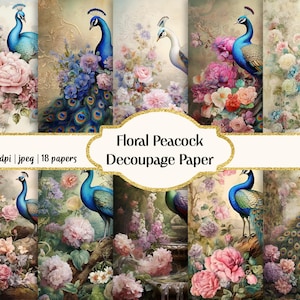 Bellissime carte per decoupage con pavone, carta per scrapbooking stampabile, carte digitali con pavone floreale, uso commerciale
